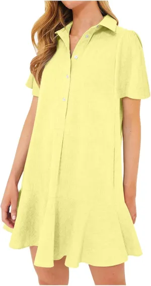 comfy dresses for women 2024 fashion lapel sleeveless ruffle hem dresses button down loose fit solid mini dresses