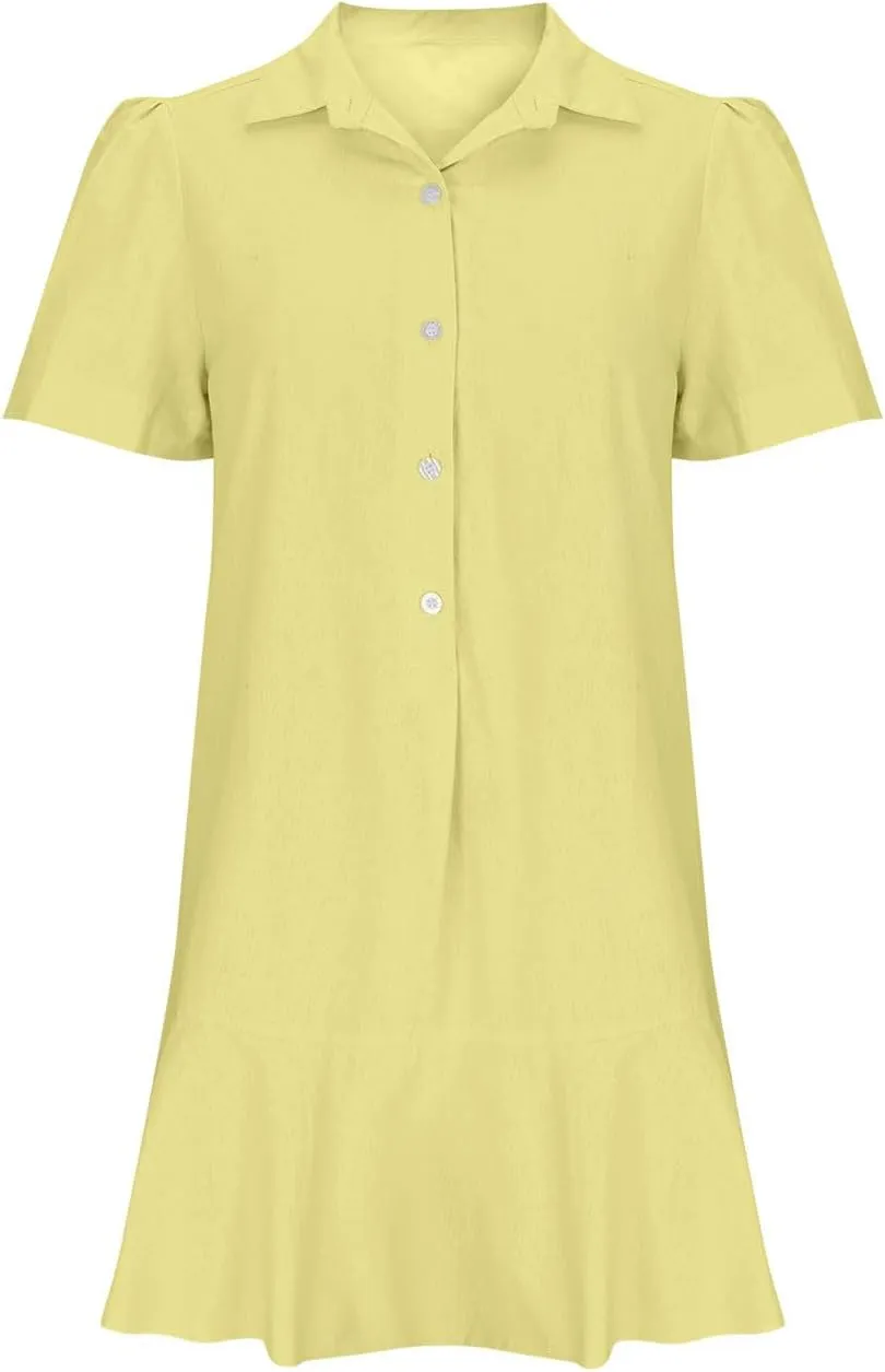 comfy dresses for women 2024 fashion lapel sleeveless ruffle hem dresses button down loose fit solid mini dresses