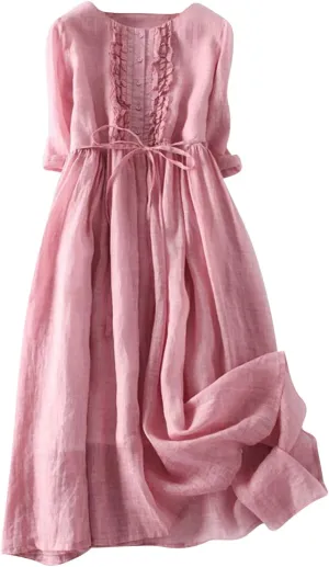 Cotton Linen Dresses for Women 2025 Maxi Button Down A Line Dress Trendy 3/4 Sleeve Swing Flowy Dress Summer Dress