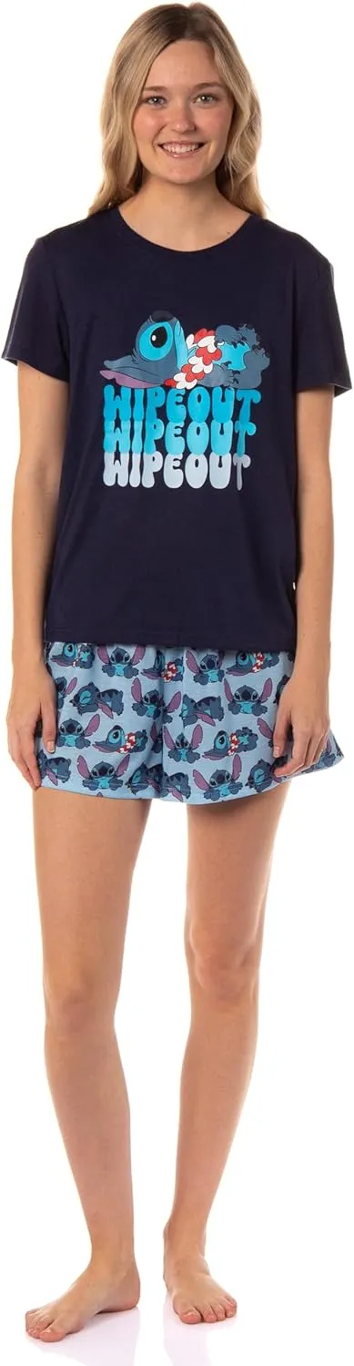 Disney Womens' Lilo & Stitch Wipeout Short Sleeve and Short Sleep Pajama Set