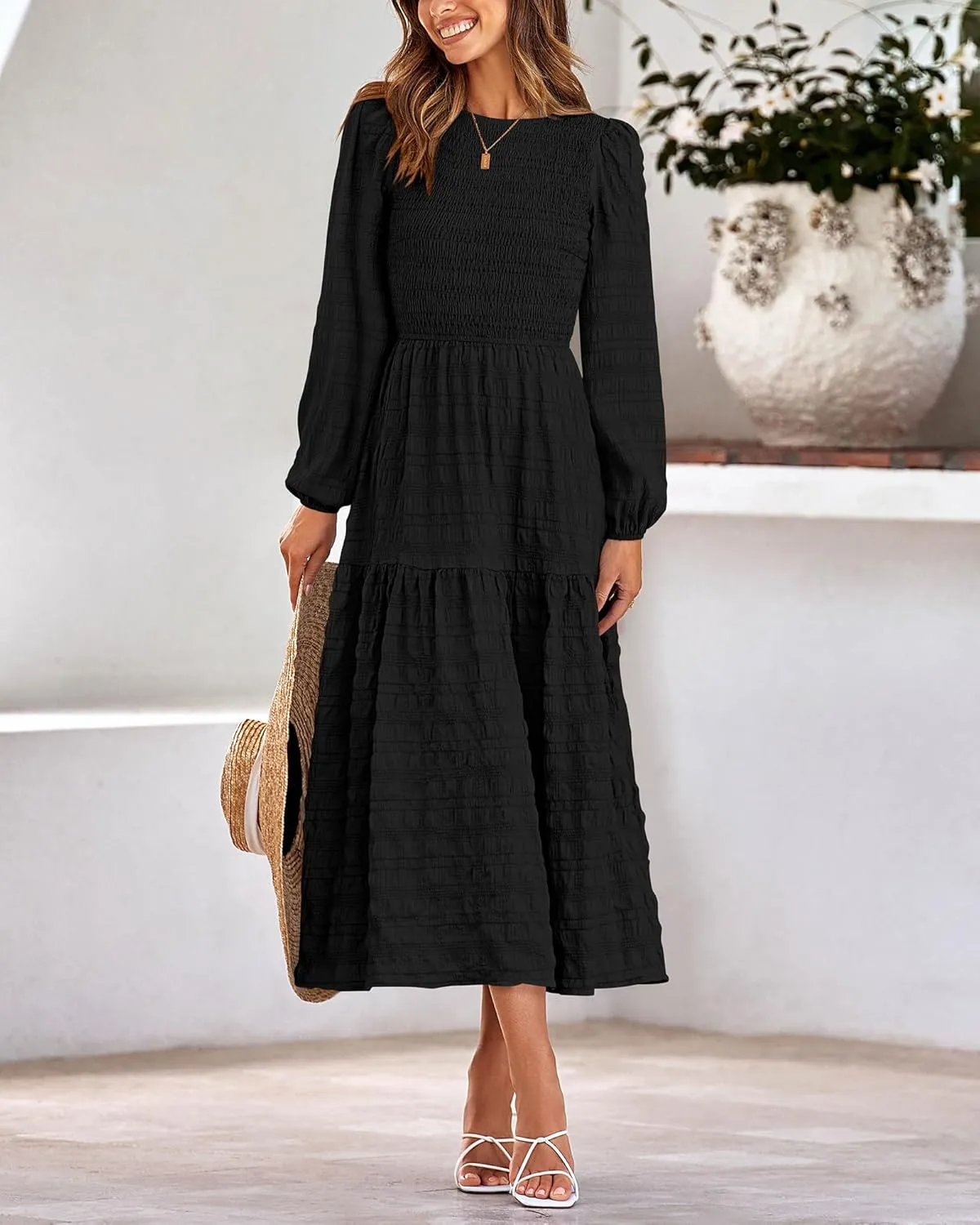 dowerme Women's Spring Dresses 2025 Long Sleeve Crewneck Smocked Tiered Flowy Boho Maxi Sundress Beach Vacation Clothes