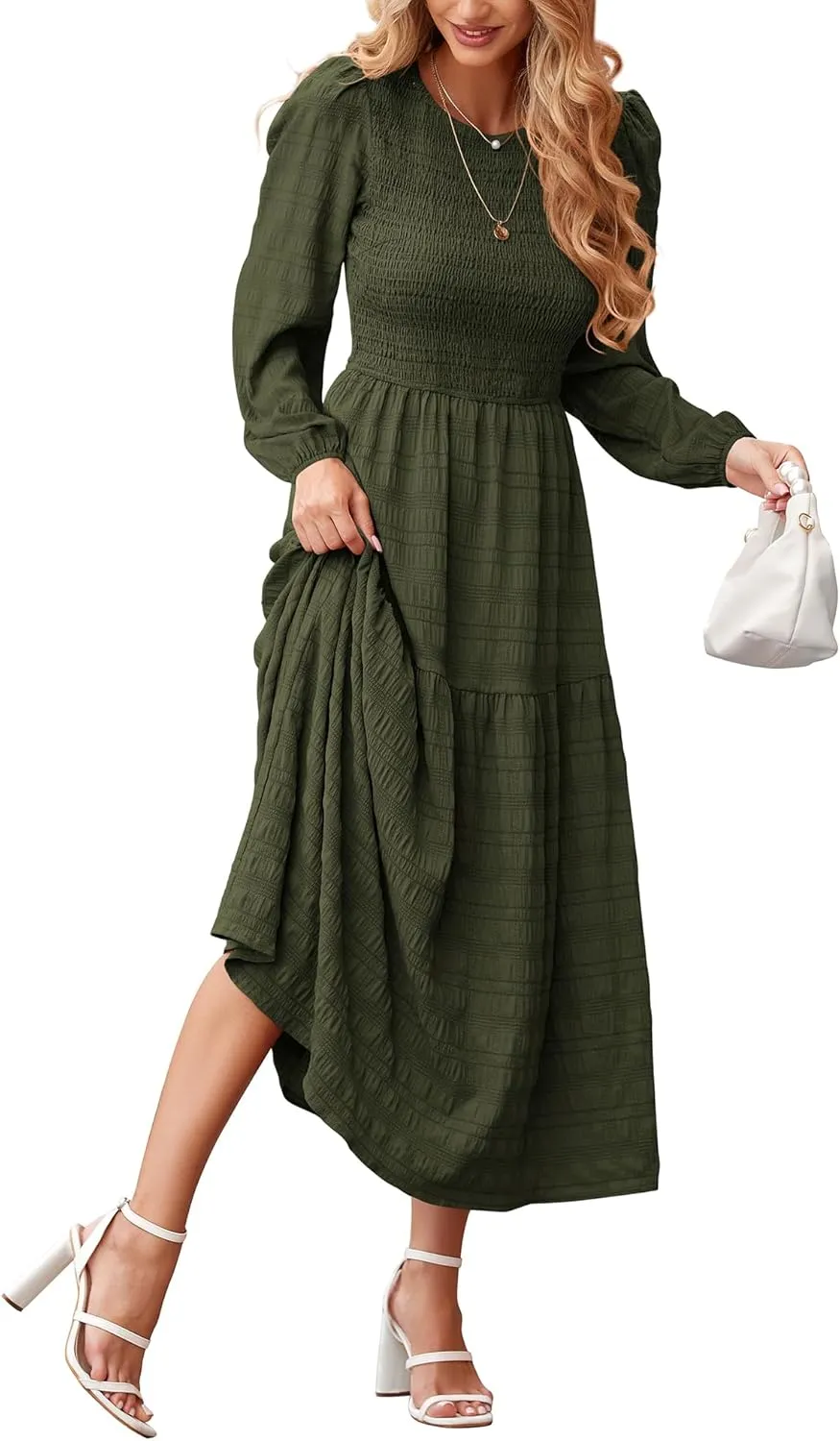 dowerme Women's Spring Dresses 2025 Long Sleeve Crewneck Smocked Tiered Flowy Boho Maxi Sundress Beach Vacation Clothes