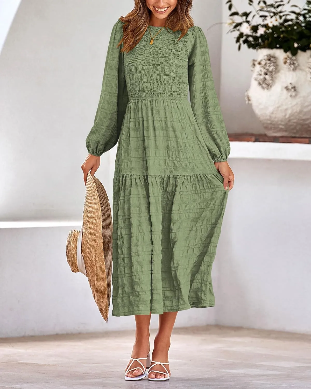 dowerme Women's Spring Dresses 2025 Long Sleeve Crewneck Smocked Tiered Flowy Boho Maxi Sundress Beach Vacation Clothes