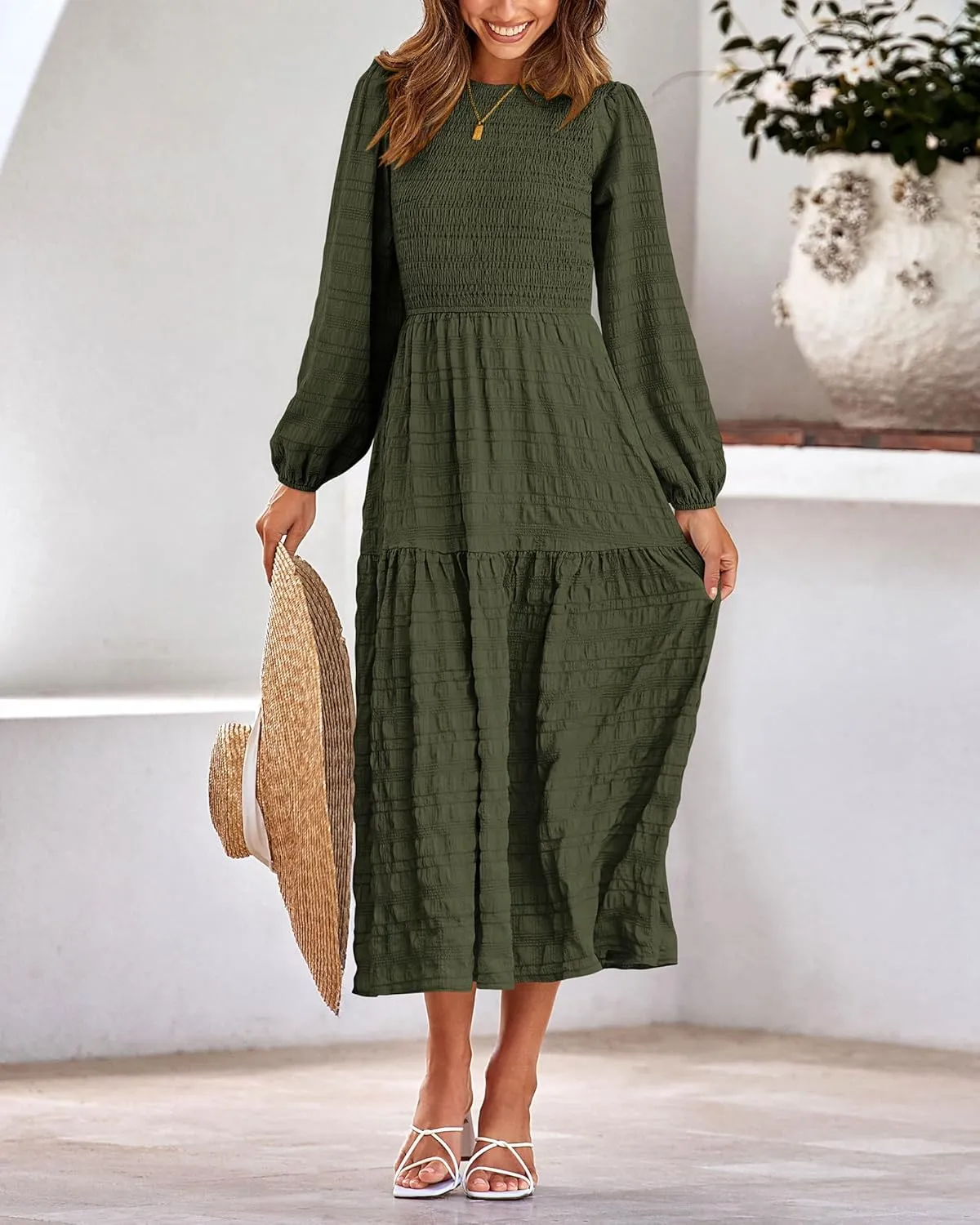 dowerme Women's Spring Dresses 2025 Long Sleeve Crewneck Smocked Tiered Flowy Boho Maxi Sundress Beach Vacation Clothes