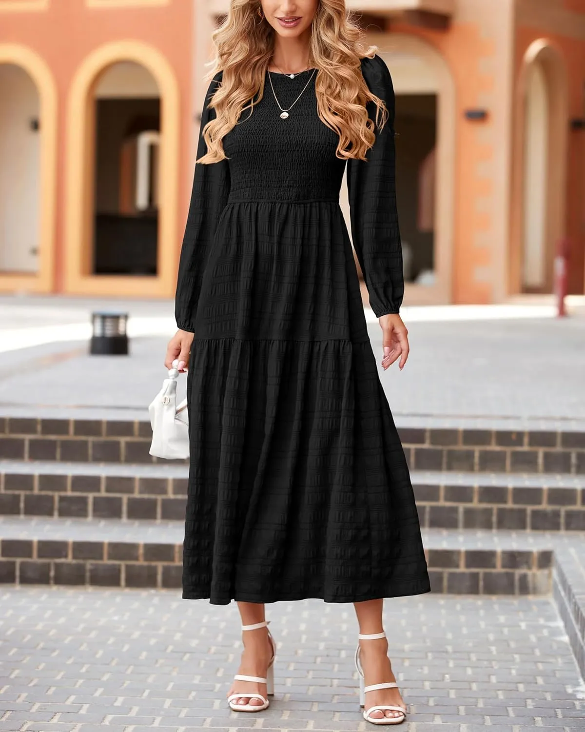 dowerme Women's Spring Dresses 2025 Long Sleeve Crewneck Smocked Tiered Flowy Boho Maxi Sundress Beach Vacation Clothes