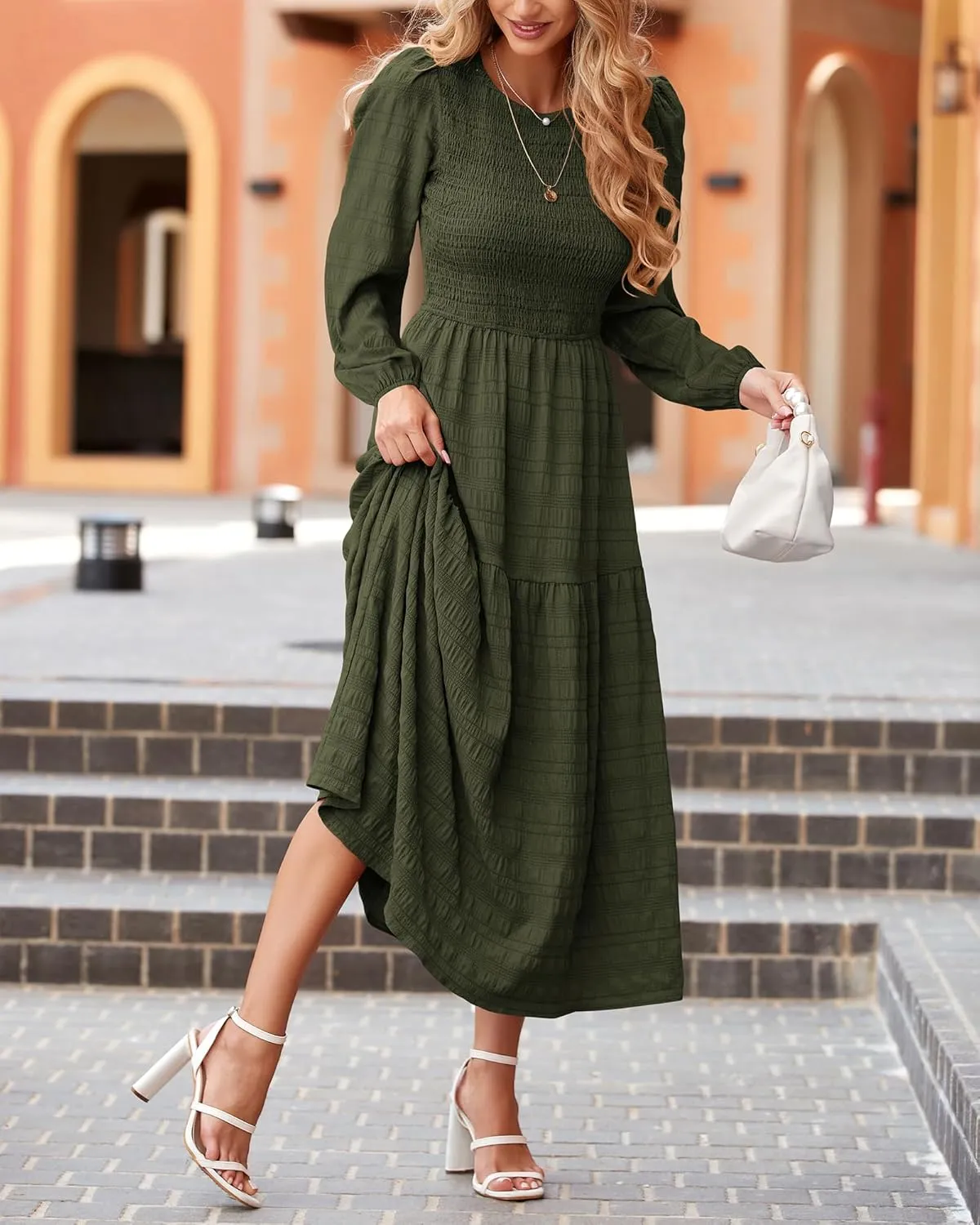 dowerme Women's Spring Dresses 2025 Long Sleeve Crewneck Smocked Tiered Flowy Boho Maxi Sundress Beach Vacation Clothes