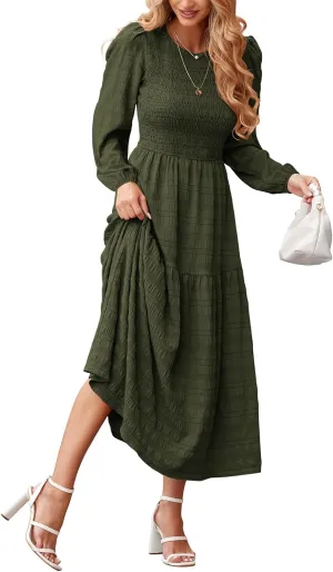 dowerme Women's Spring Dresses 2025 Long Sleeve Crewneck Smocked Tiered Flowy Boho Maxi Sundress Beach Vacation Clothes