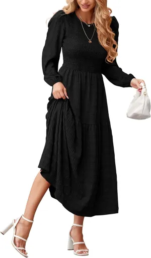 dowerme Women's Spring Dresses 2025 Long Sleeve Crewneck Smocked Tiered Flowy Boho Maxi Sundress Beach Vacation Clothes