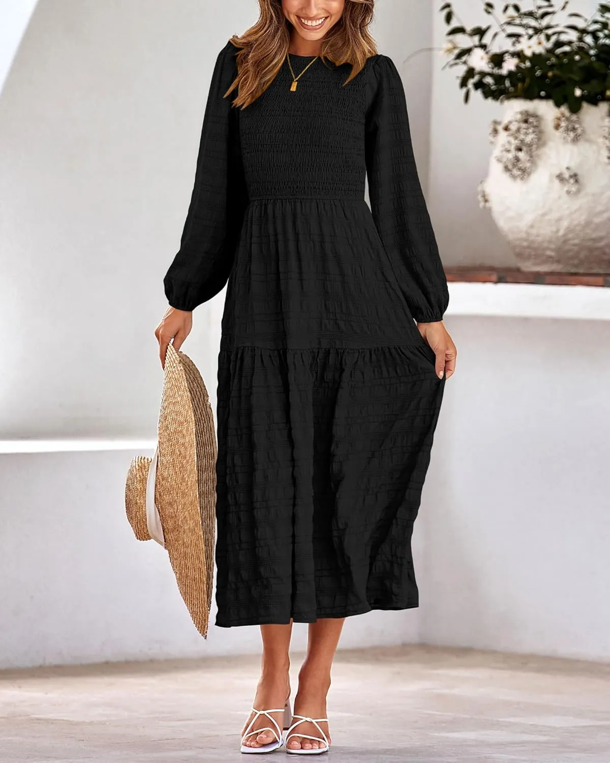 dowerme Women's Spring Dresses 2025 Long Sleeve Crewneck Smocked Tiered Flowy Boho Maxi Sundress Beach Vacation Clothes