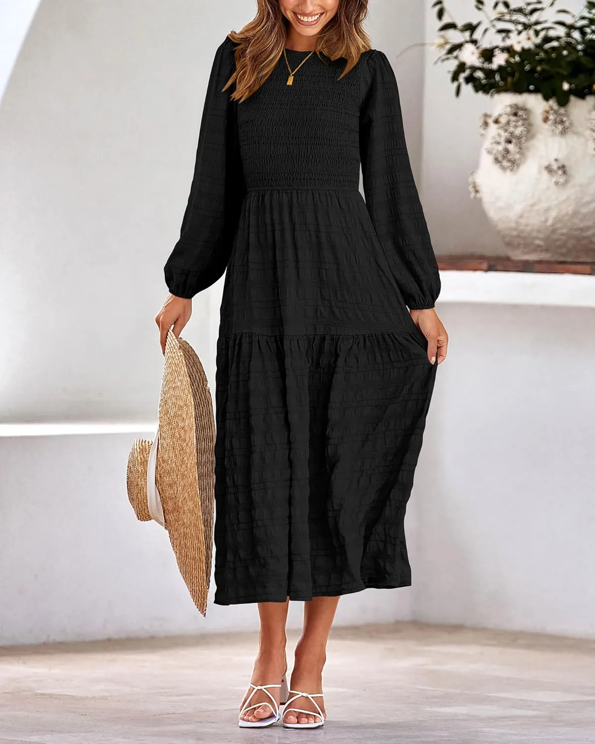 dowerme Women's Spring Dresses 2025 Long Sleeve Crewneck Smocked Tiered Flowy Boho Maxi Sundress Beach Vacation Clothes