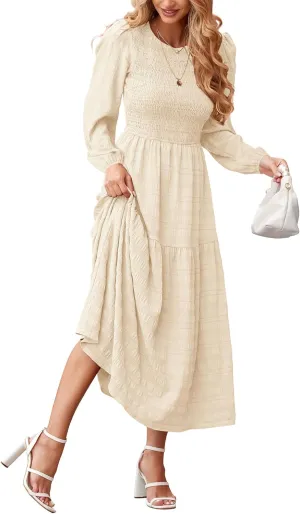 dowerme Women's Spring Dresses 2025 Long Sleeve Crewneck Smocked Tiered Flowy Boho Maxi Sundress Beach Vacation Clothes