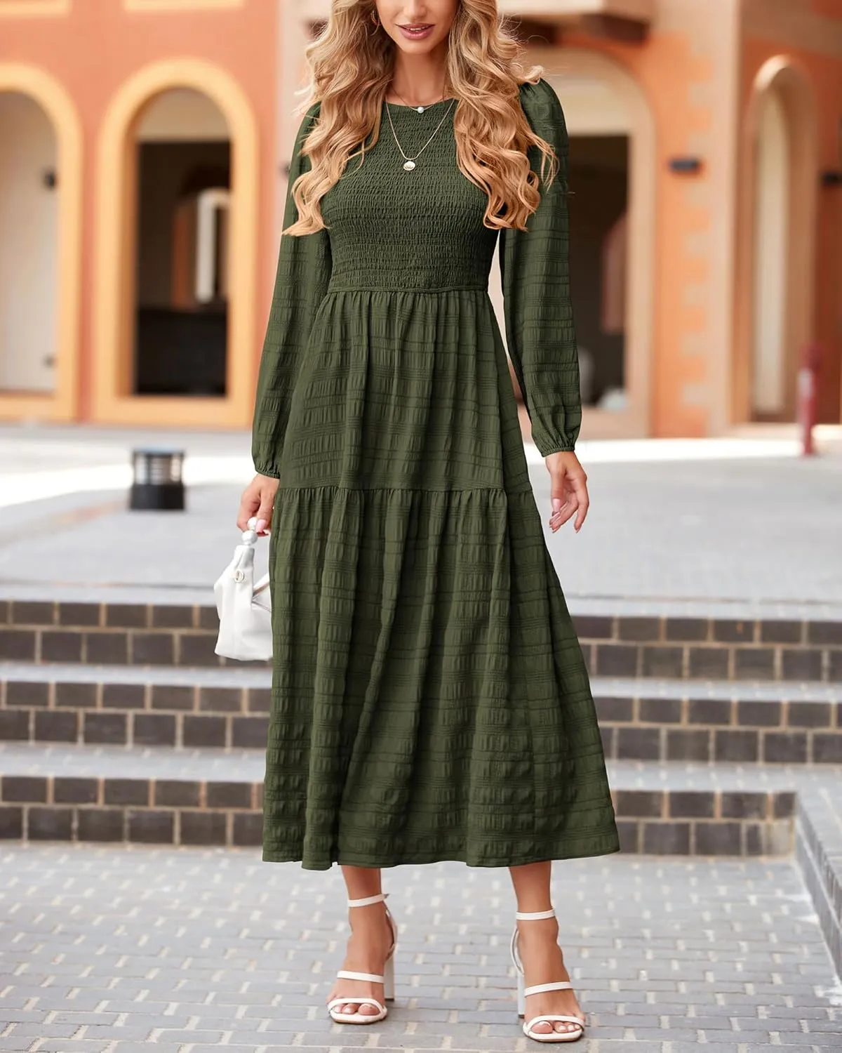 dowerme Women's Spring Dresses 2025 Long Sleeve Crewneck Smocked Tiered Flowy Boho Maxi Sundress Beach Vacation Clothes