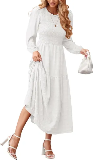 dowerme Women's Spring Dresses 2025 Long Sleeve Crewneck Smocked Tiered Flowy Boho Maxi Sundress Beach Vacation Clothes