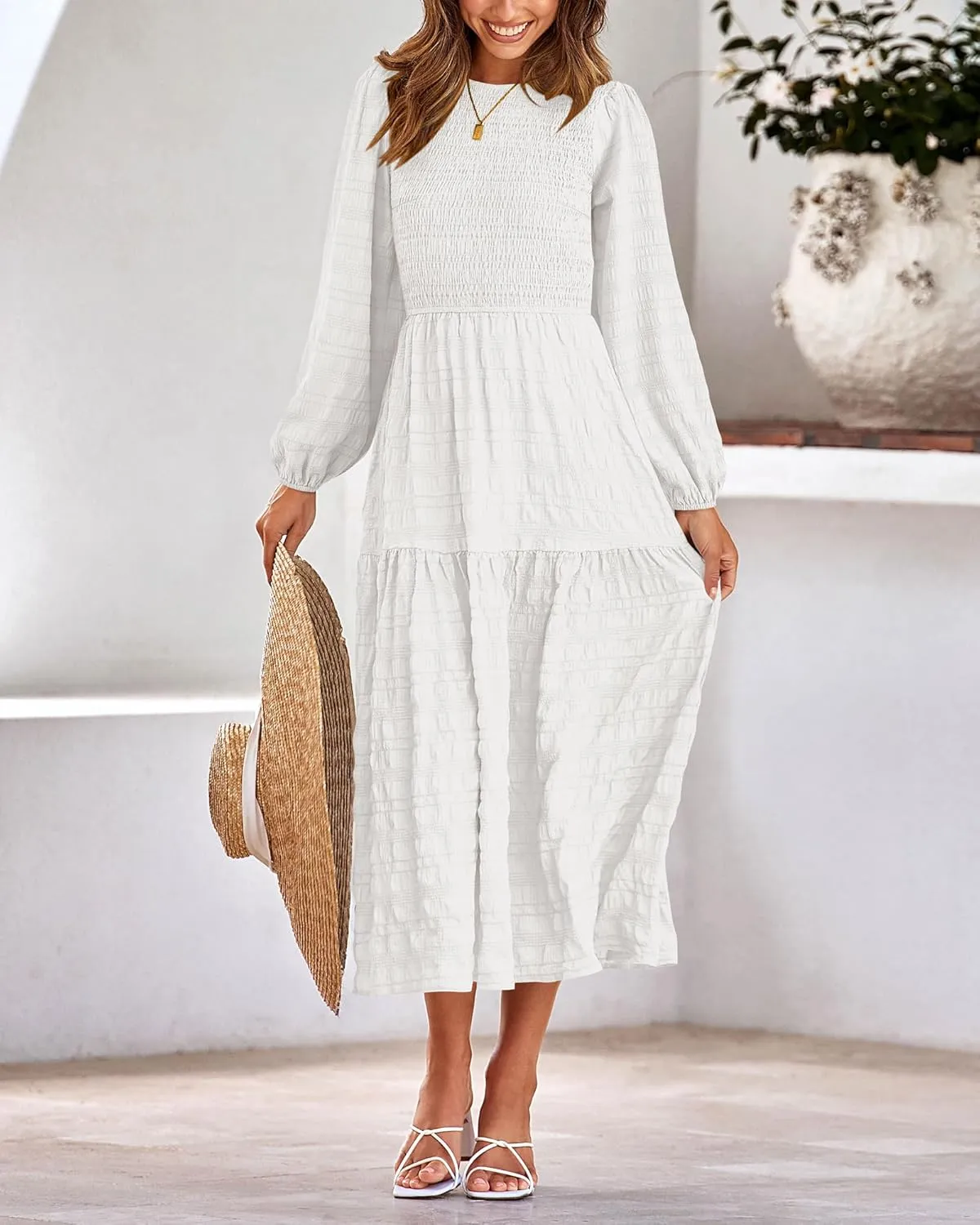 dowerme Women's Spring Dresses 2025 Long Sleeve Crewneck Smocked Tiered Flowy Boho Maxi Sundress Beach Vacation Clothes