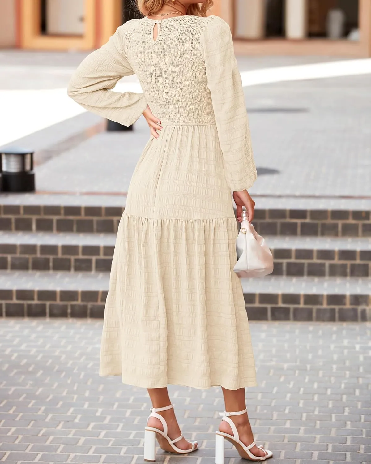 dowerme Women's Spring Dresses 2025 Long Sleeve Crewneck Smocked Tiered Flowy Boho Maxi Sundress Beach Vacation Clothes