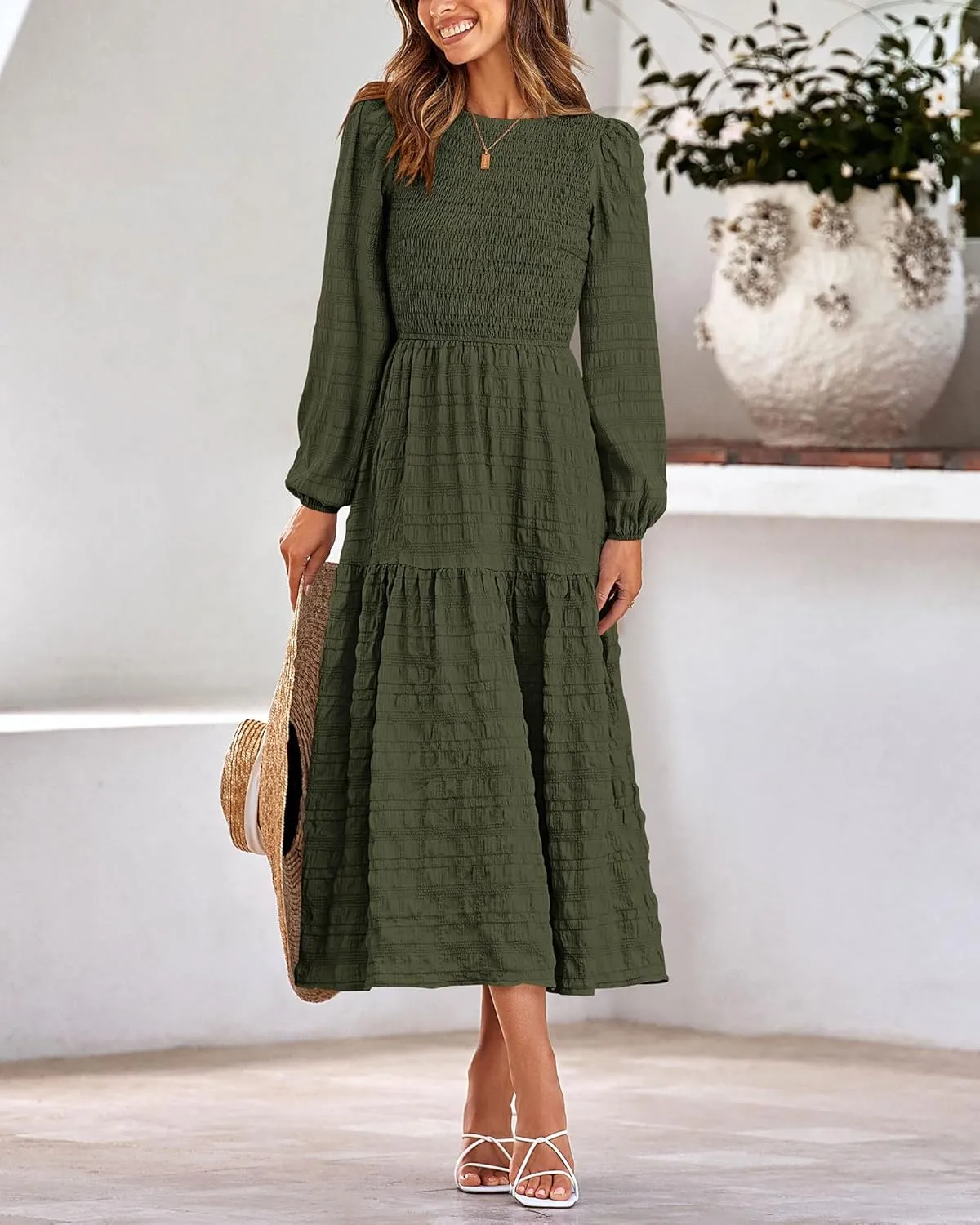dowerme Women's Spring Dresses 2025 Long Sleeve Crewneck Smocked Tiered Flowy Boho Maxi Sundress Beach Vacation Clothes