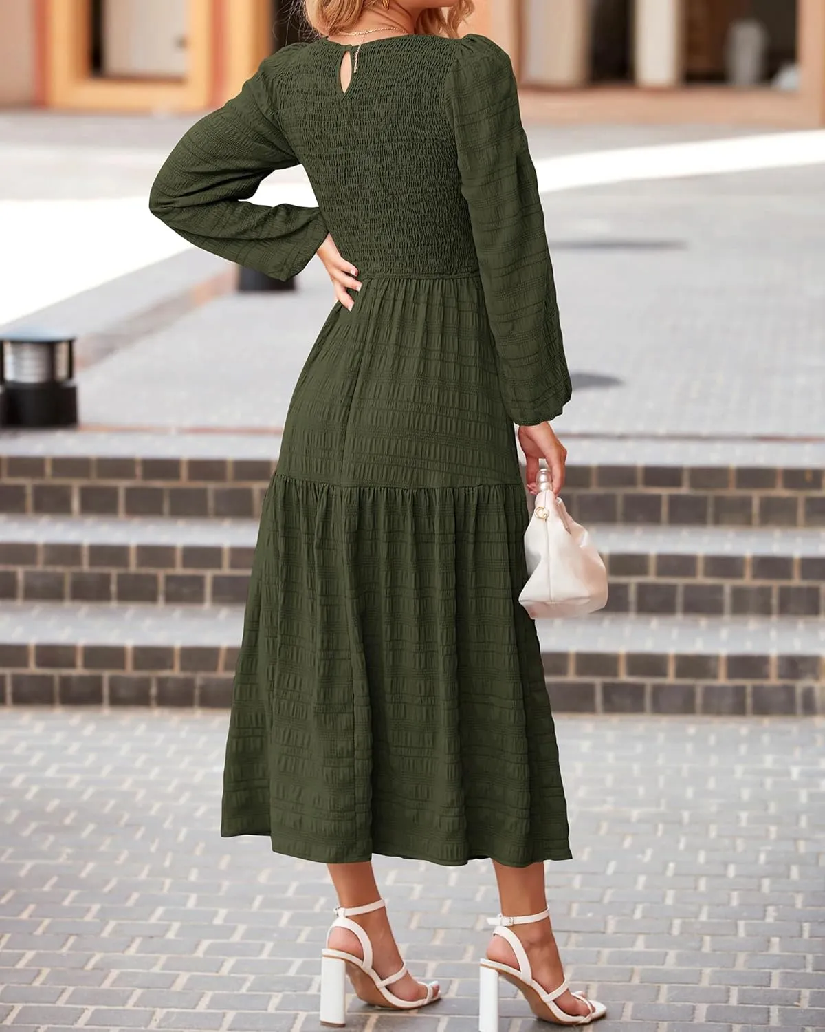 dowerme Women's Spring Dresses 2025 Long Sleeve Crewneck Smocked Tiered Flowy Boho Maxi Sundress Beach Vacation Clothes