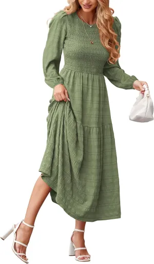 dowerme Women's Spring Dresses 2025 Long Sleeve Crewneck Smocked Tiered Flowy Boho Maxi Sundress Beach Vacation Clothes