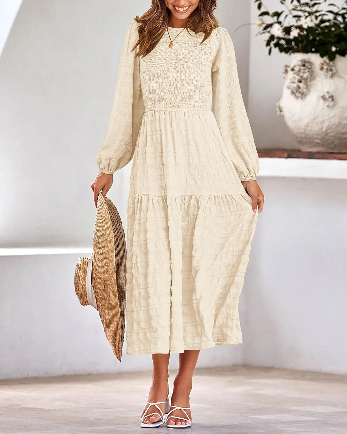 dowerme Women's Spring Dresses 2025 Long Sleeve Crewneck Smocked Tiered Flowy Boho Maxi Sundress Beach Vacation Clothes
