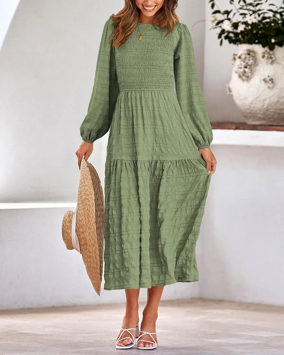 dowerme Women's Spring Dresses 2025 Long Sleeve Crewneck Smocked Tiered Flowy Boho Maxi Sundress Beach Vacation Clothes