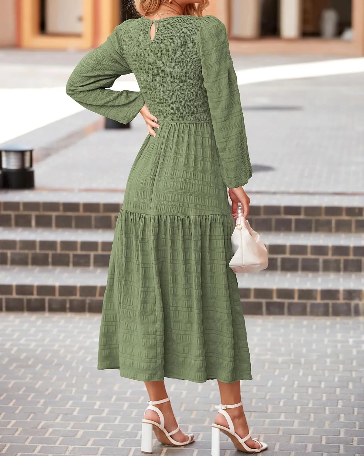 dowerme Women's Spring Dresses 2025 Long Sleeve Crewneck Smocked Tiered Flowy Boho Maxi Sundress Beach Vacation Clothes
