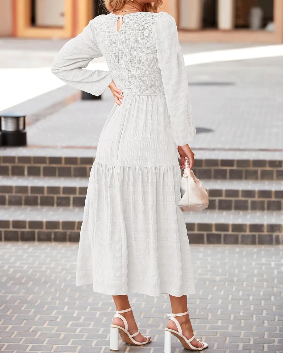 dowerme Women's Spring Dresses 2025 Long Sleeve Crewneck Smocked Tiered Flowy Boho Maxi Sundress Beach Vacation Clothes
