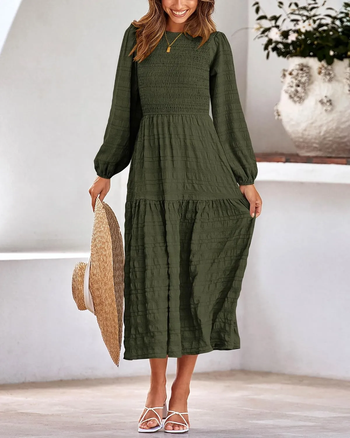 dowerme Women's Spring Dresses 2025 Long Sleeve Crewneck Smocked Tiered Flowy Boho Maxi Sundress Beach Vacation Clothes