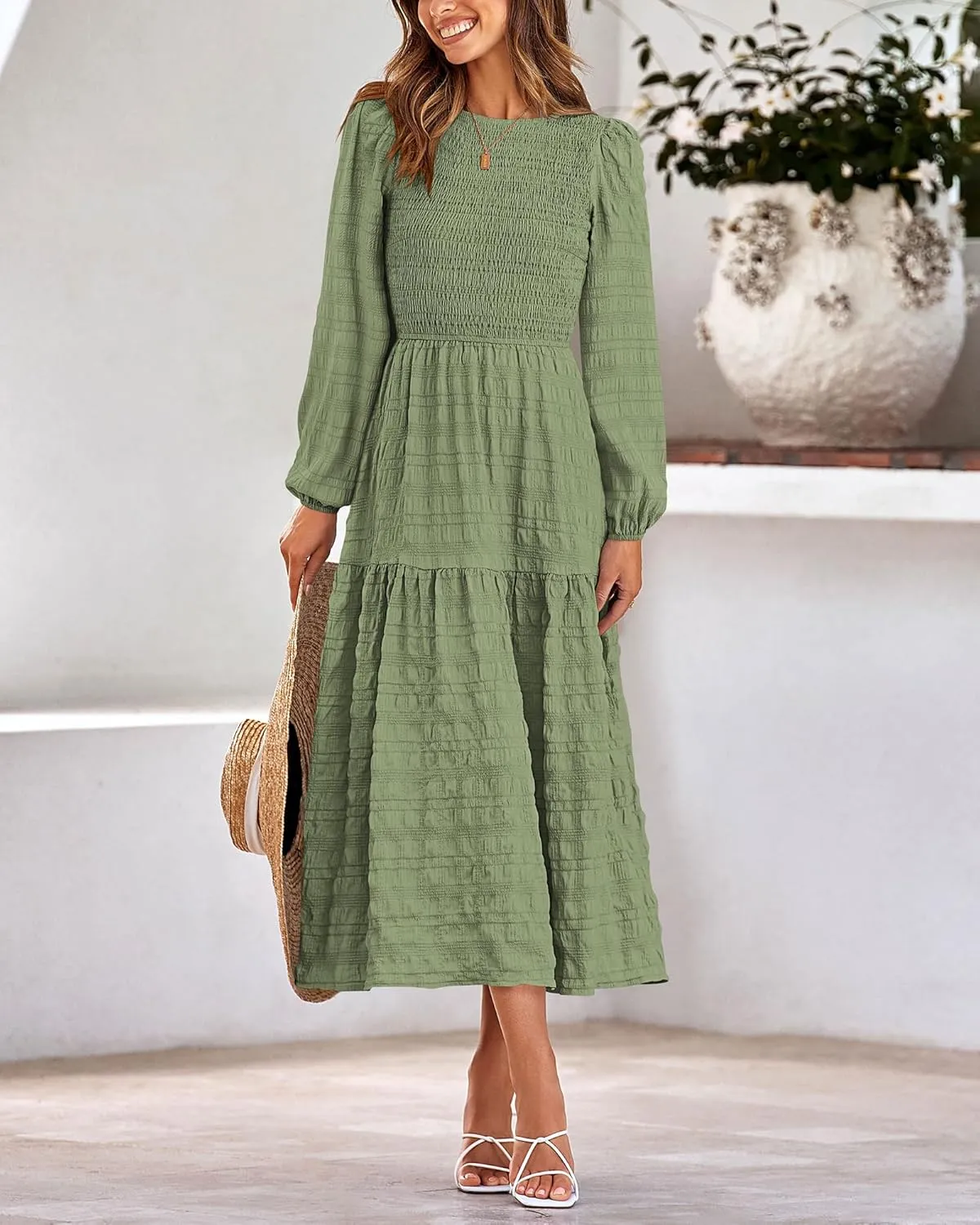 dowerme Women's Spring Dresses 2025 Long Sleeve Crewneck Smocked Tiered Flowy Boho Maxi Sundress Beach Vacation Clothes