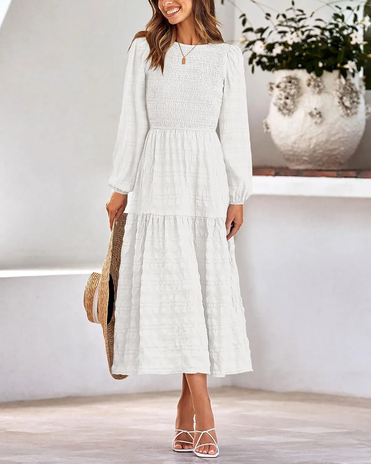 dowerme Women's Spring Dresses 2025 Long Sleeve Crewneck Smocked Tiered Flowy Boho Maxi Sundress Beach Vacation Clothes