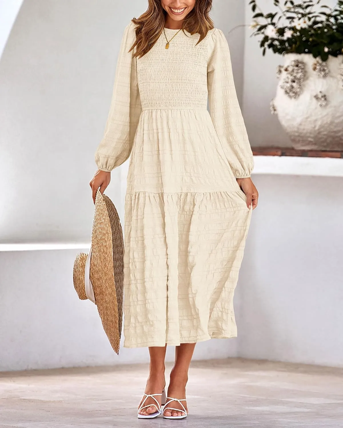 dowerme Women's Spring Dresses 2025 Long Sleeve Crewneck Smocked Tiered Flowy Boho Maxi Sundress Beach Vacation Clothes