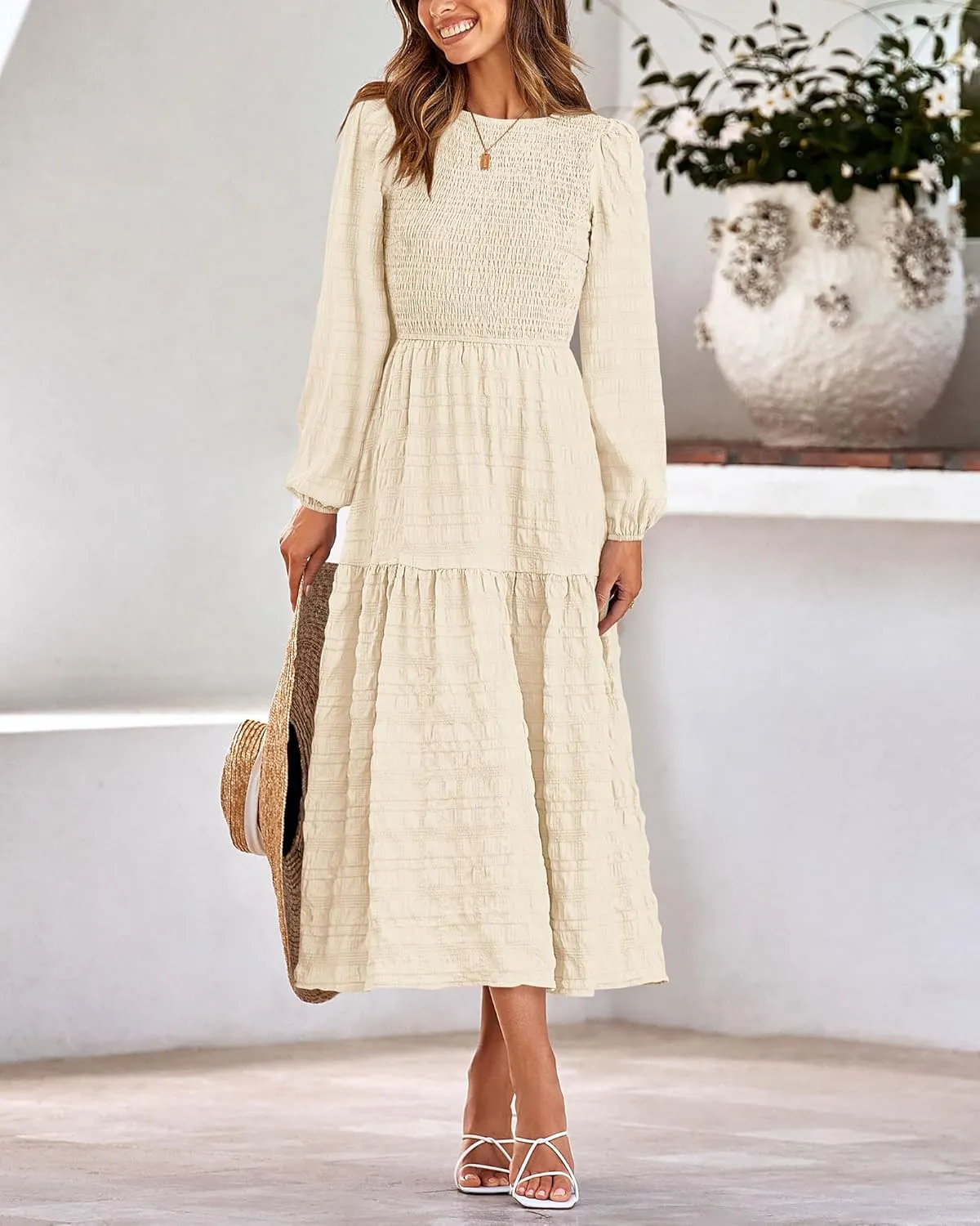 dowerme Women's Spring Dresses 2025 Long Sleeve Crewneck Smocked Tiered Flowy Boho Maxi Sundress Beach Vacation Clothes