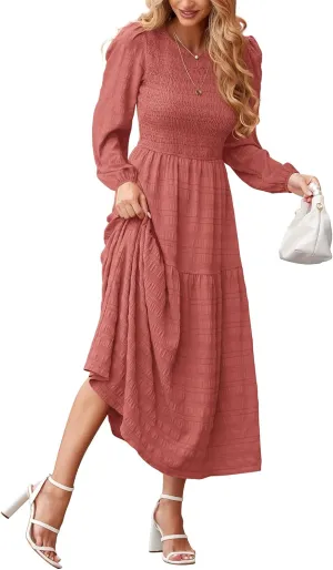 dowerme Women's Spring Dresses 2025 Long Sleeve Crewneck Smocked Tiered Flowy Boho Maxi Sundress Beach Vacation Clothes