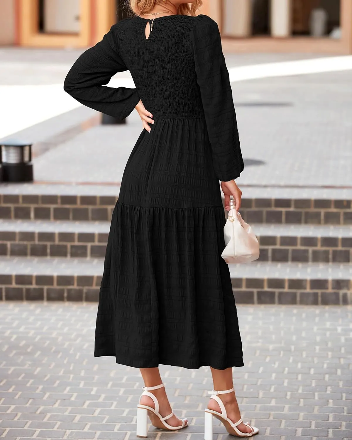 dowerme Women's Spring Dresses 2025 Long Sleeve Crewneck Smocked Tiered Flowy Boho Maxi Sundress Beach Vacation Clothes
