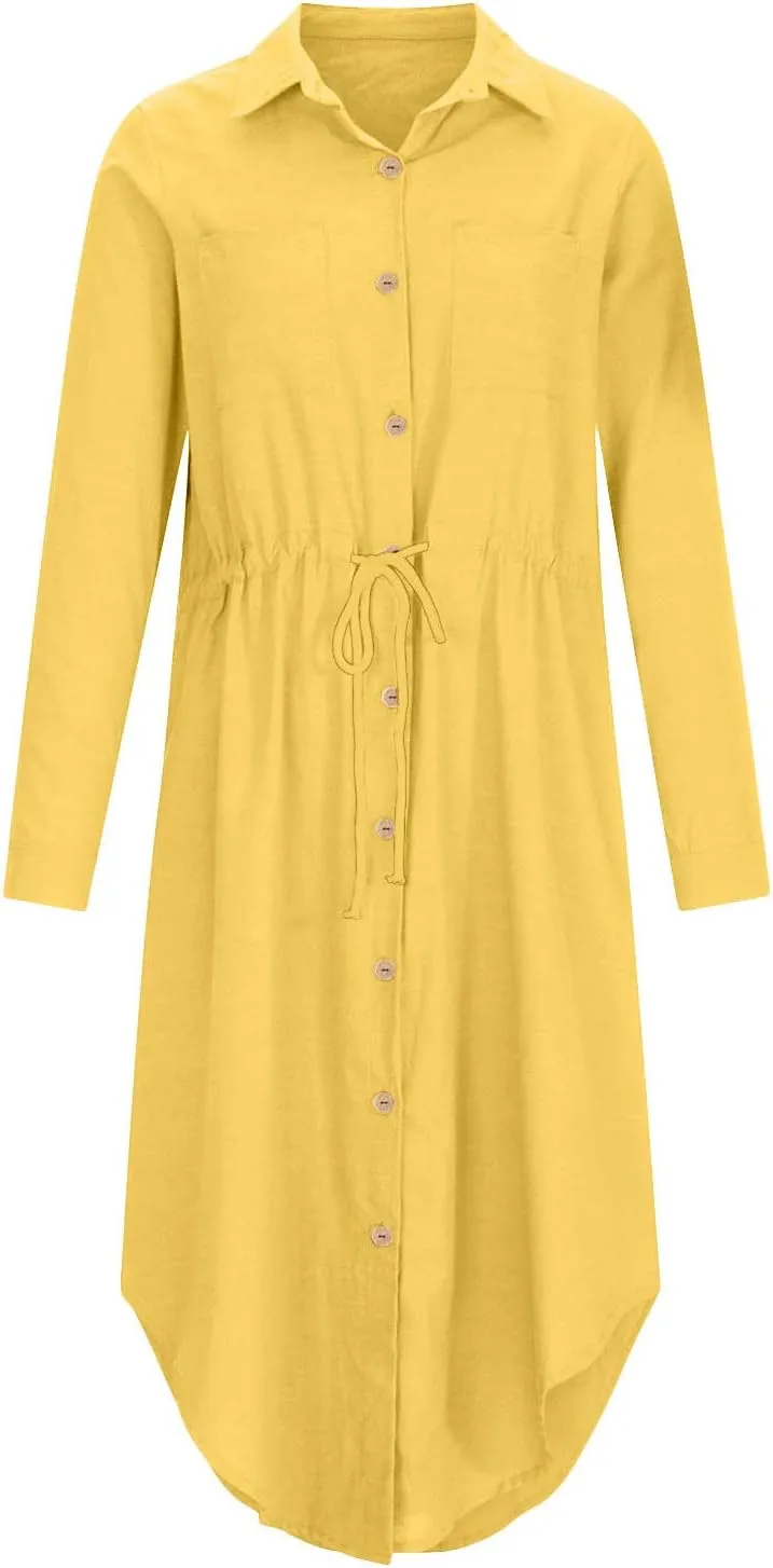 Dresses for Women Fall 2024 Plus Size Button Down Ankle Length Dresses Cotton Linen Empire Waist Maxi Long Dresses