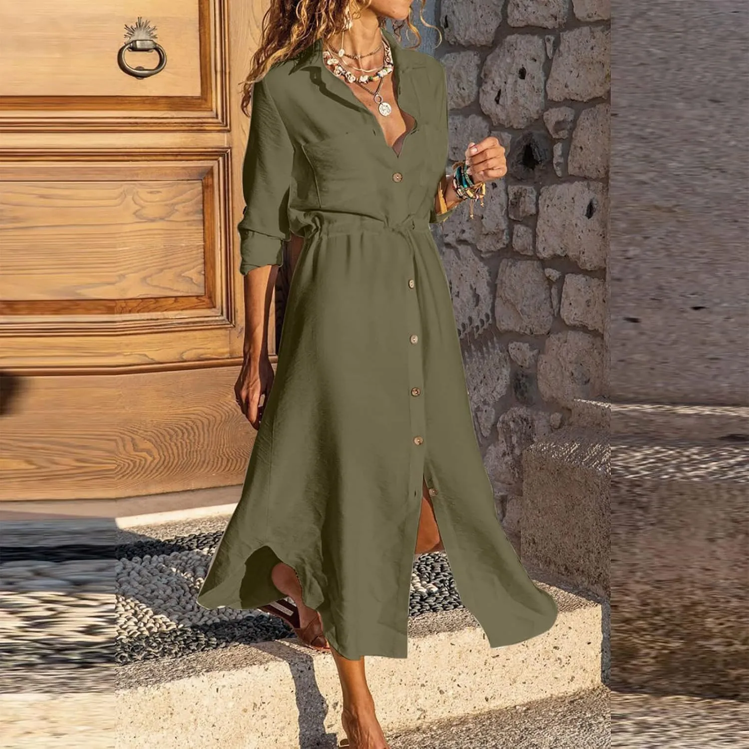 Dresses for Women Fall 2024 Plus Size Button Down Ankle Length Dresses Cotton Linen Empire Waist Maxi Long Dresses