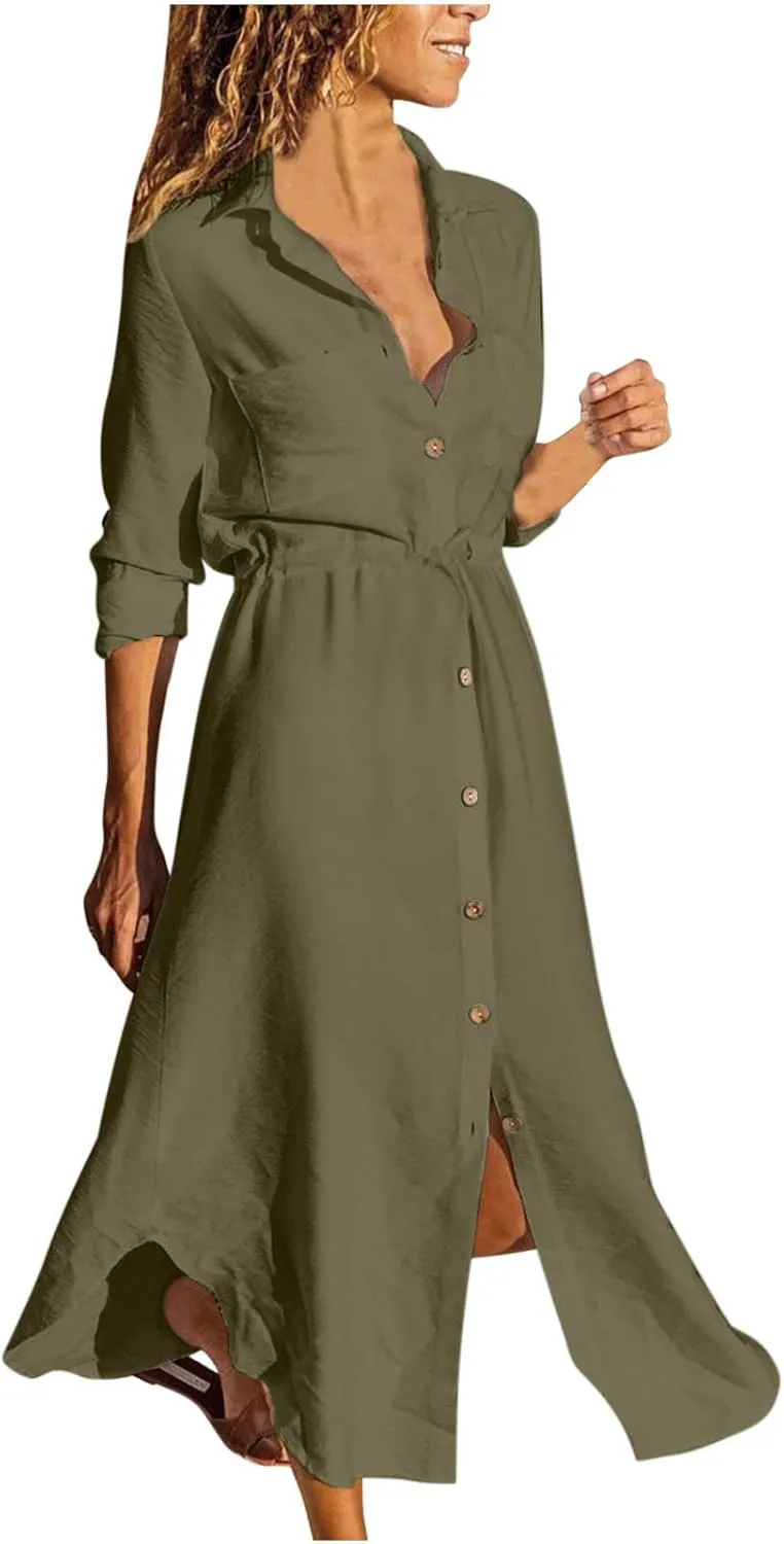 Dresses for Women Fall 2024 Plus Size Button Down Ankle Length Dresses Cotton Linen Empire Waist Maxi Long Dresses