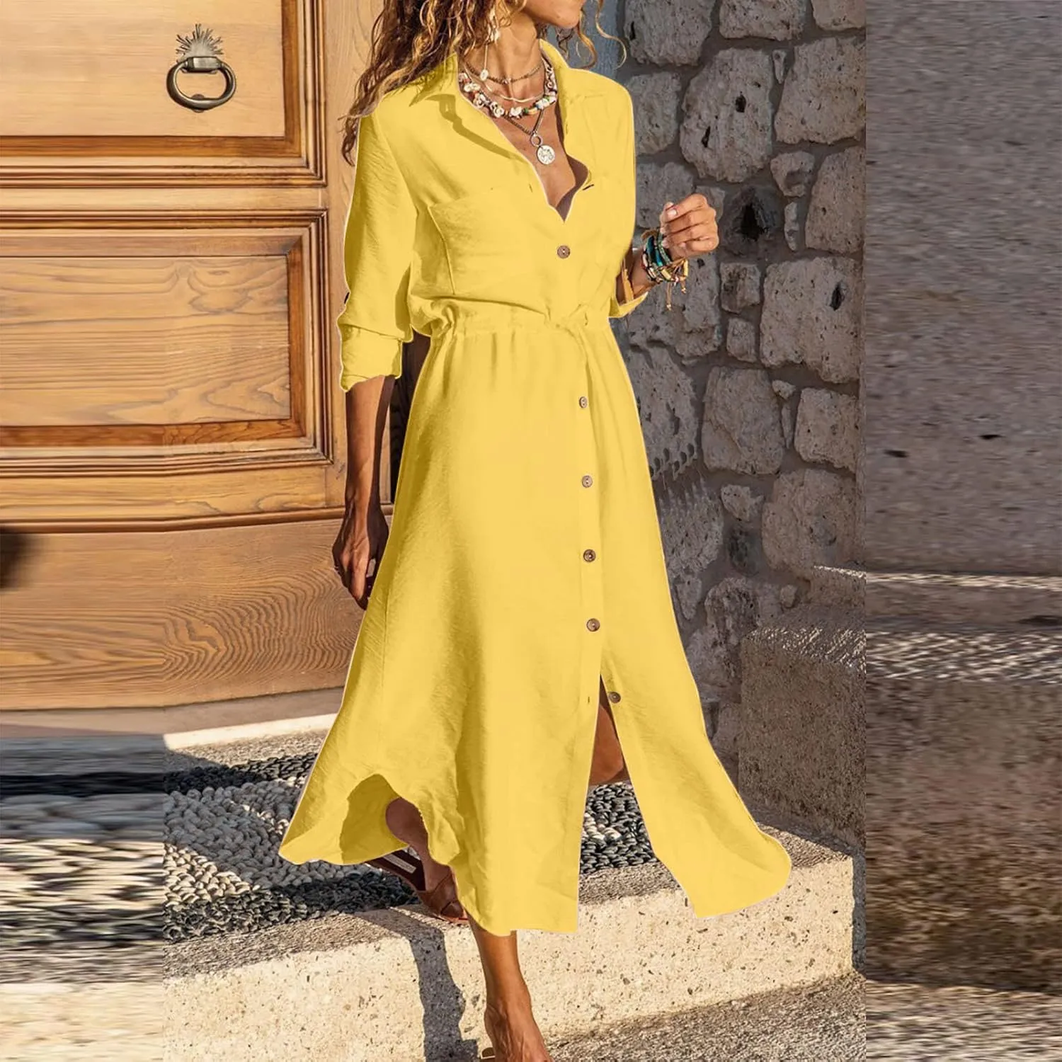 Dresses for Women Fall 2024 Plus Size Button Down Ankle Length Dresses Cotton Linen Empire Waist Maxi Long Dresses
