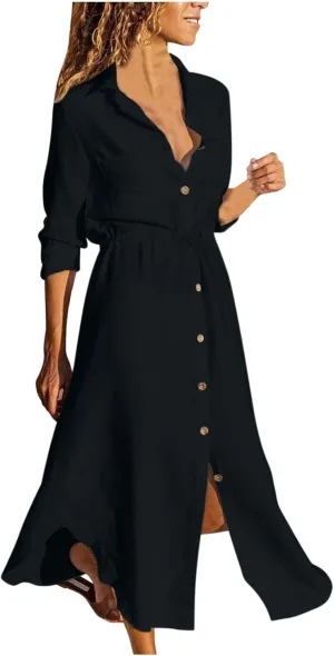 Dresses for Women Fall 2024 Plus Size Button Down Ankle Length Dresses Cotton Linen Empire Waist Maxi Long Dresses