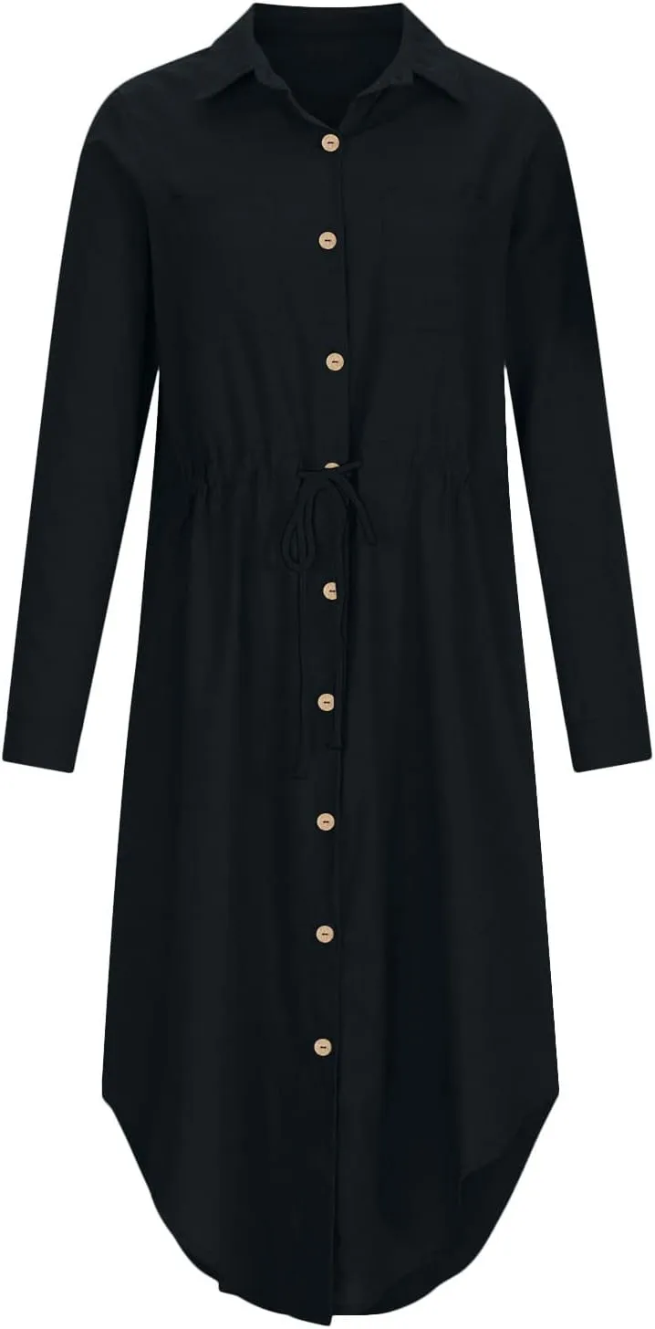 Dresses for Women Fall 2024 Plus Size Button Down Ankle Length Dresses Cotton Linen Empire Waist Maxi Long Dresses