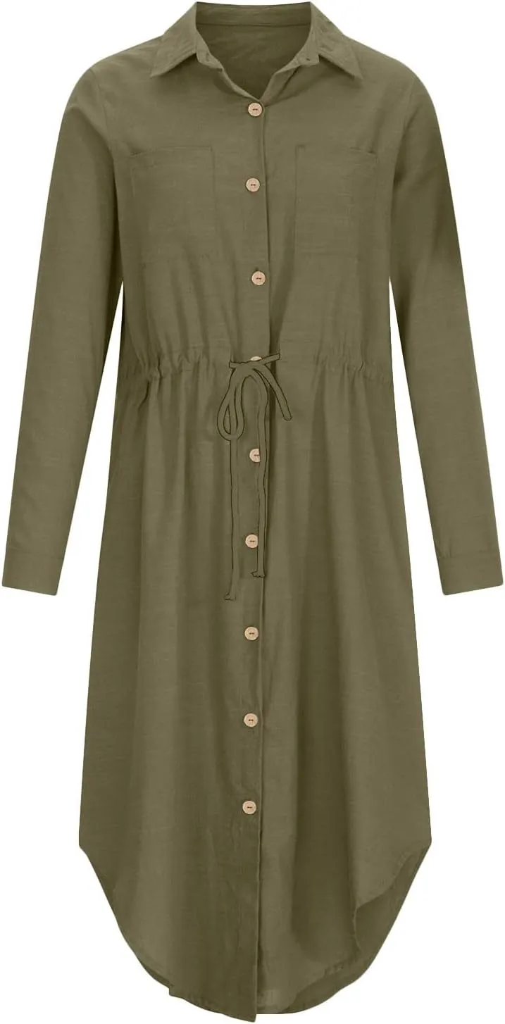 Dresses for Women Fall 2024 Plus Size Button Down Ankle Length Dresses Cotton Linen Empire Waist Maxi Long Dresses