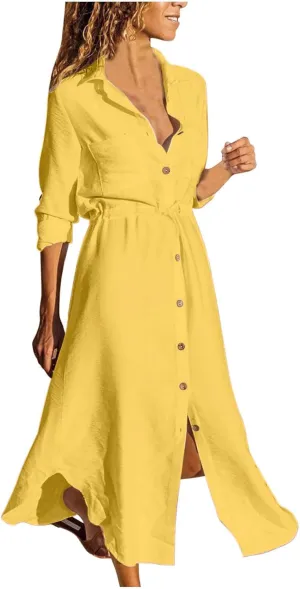 Dresses for Women Fall 2024 Plus Size Button Down Ankle Length Dresses Cotton Linen Empire Waist Maxi Long Dresses