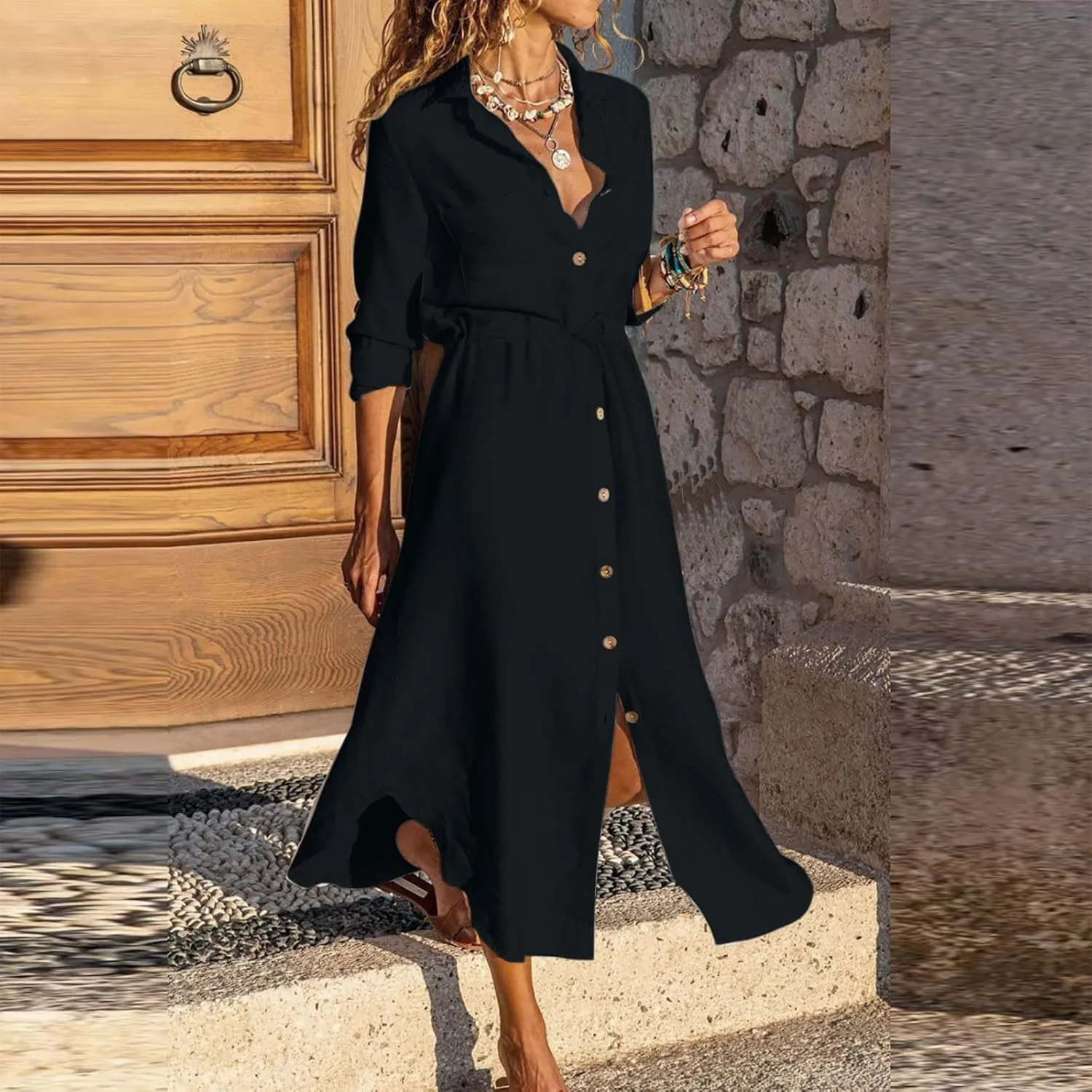 Dresses for Women Fall 2024 Plus Size Button Down Ankle Length Dresses Cotton Linen Empire Waist Maxi Long Dresses
