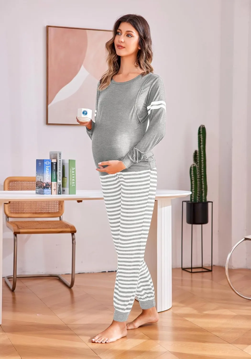 Ekouaer Maternity Pajama Set Nursing Pjs Women Breastfeeding Pregnancy Postpartum Clothes Long Sleeve Top & Pant with Pockets