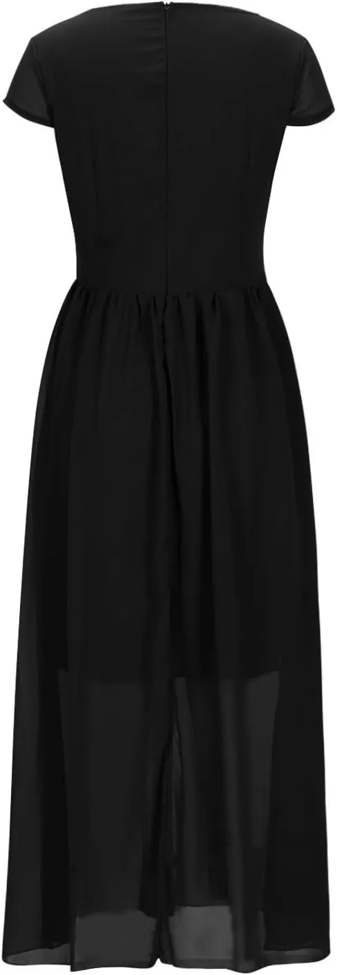 Evening Dresses for Women Formal 2024 Empire Waist Plus Size Dresses Solid Short Sleeve Ankle Length Dresses
