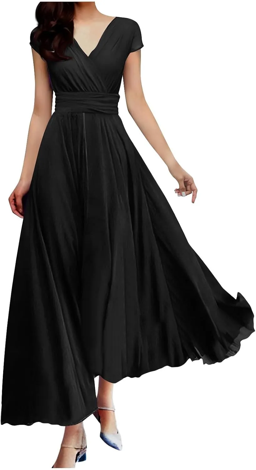 Evening Dresses for Women Formal 2024 Empire Waist Plus Size Dresses Solid Short Sleeve Ankle Length Dresses