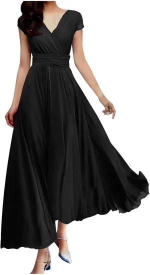 Evening Dresses for Women Formal 2024 Empire Waist Plus Size Dresses Solid Short Sleeve Ankle Length Dresses