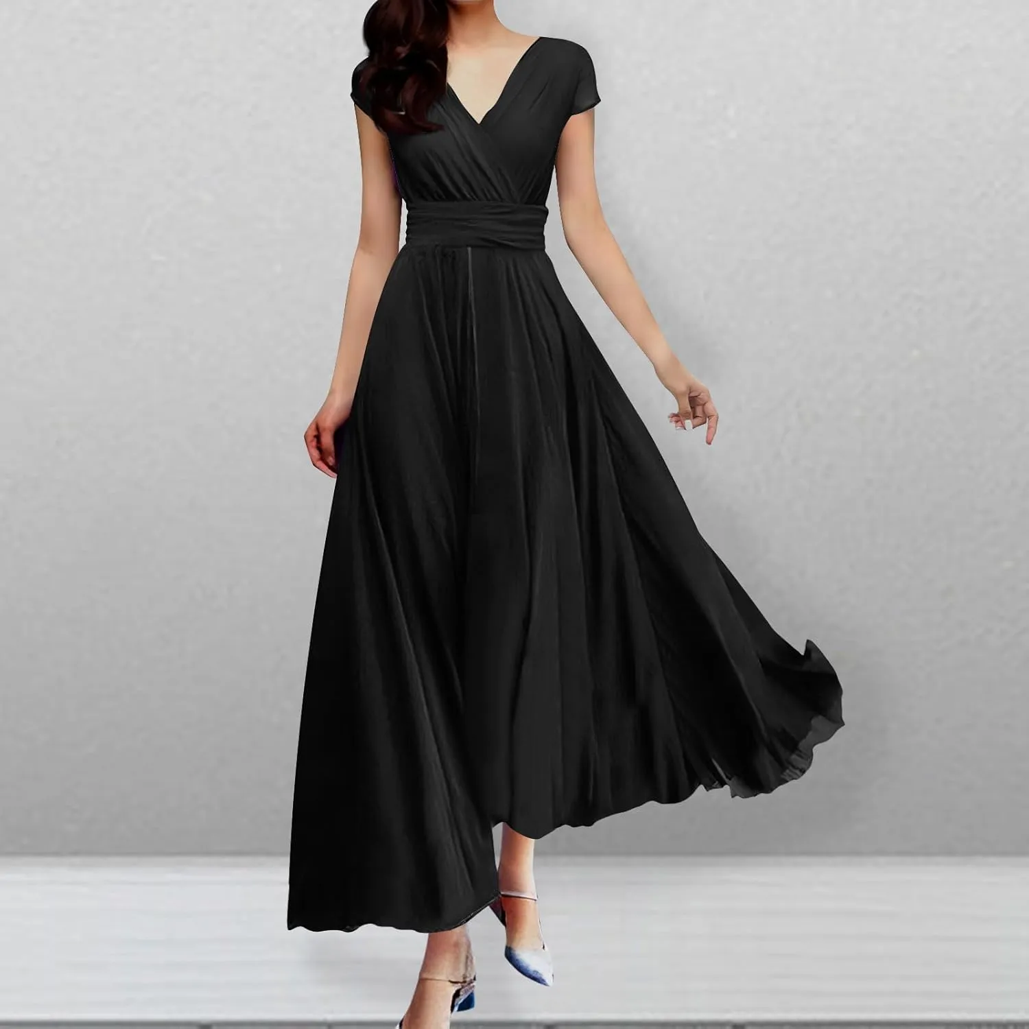 Evening Dresses for Women Formal 2024 Empire Waist Plus Size Dresses Solid Short Sleeve Ankle Length Dresses