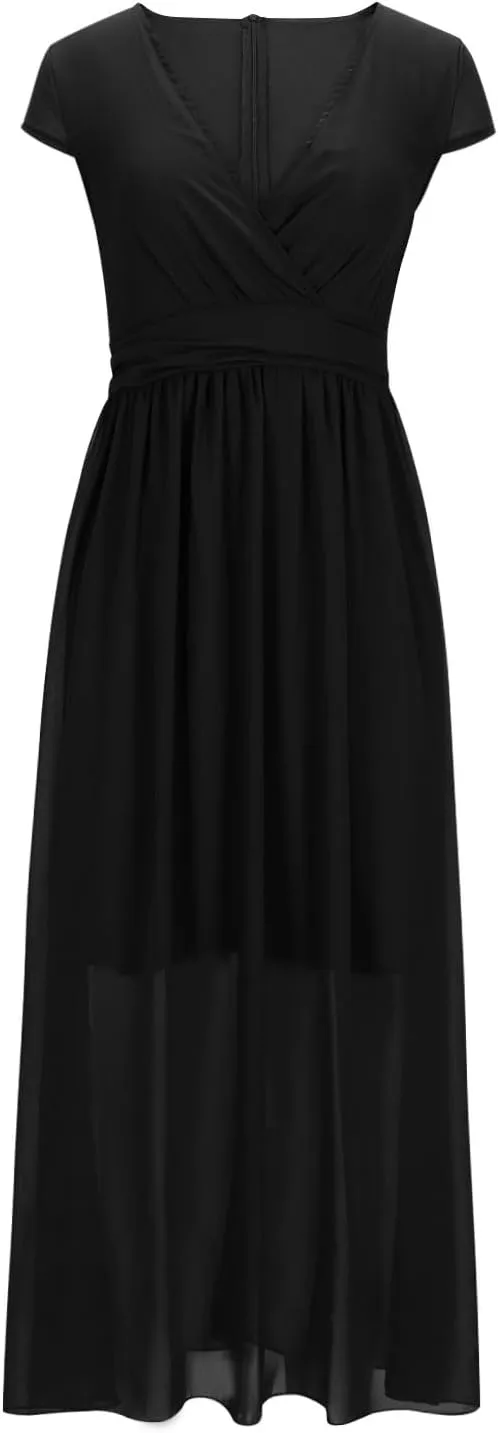 Evening Dresses for Women Formal 2024 Empire Waist Plus Size Dresses Solid Short Sleeve Ankle Length Dresses