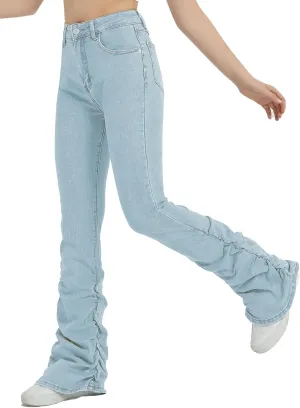 EXARUS Girls Stacked Flare Jeans High Waisted Denim Bell Bottom Bootcut Casual Kids School Ruch Pants with Pockets 8-14Y