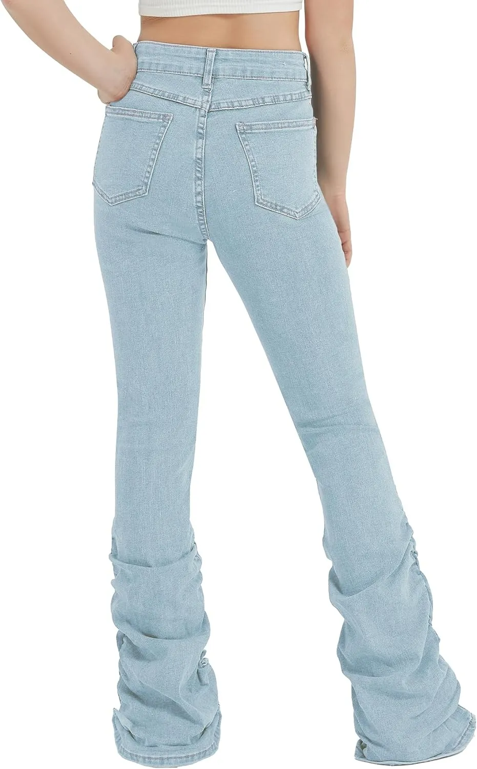 EXARUS Girls Stacked Flare Jeans High Waisted Denim Bell Bottom Bootcut Casual Kids School Ruch Pants with Pockets 8-14Y